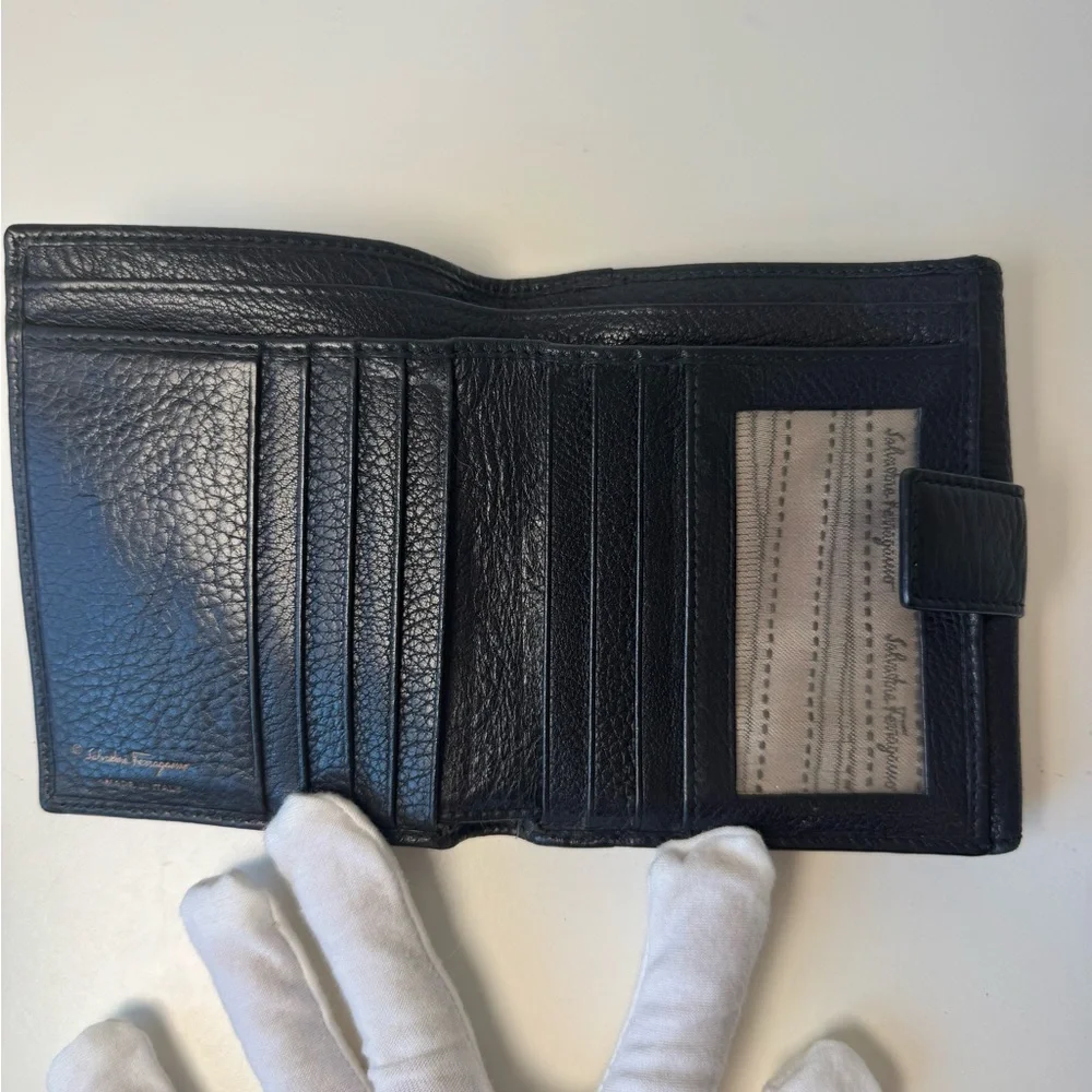 Salvatore Ferragamo Vintage Hook Bi Fold Black Pebbled Leather Wallet